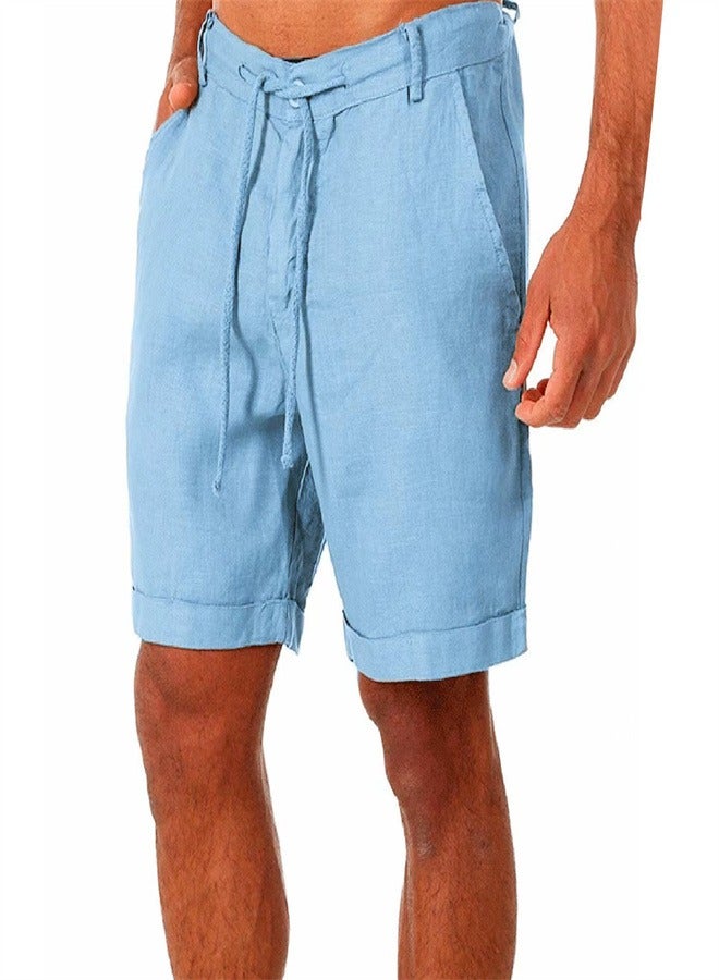 Solid Color Lace Up Sports Men's Shorts Lake Blue,
