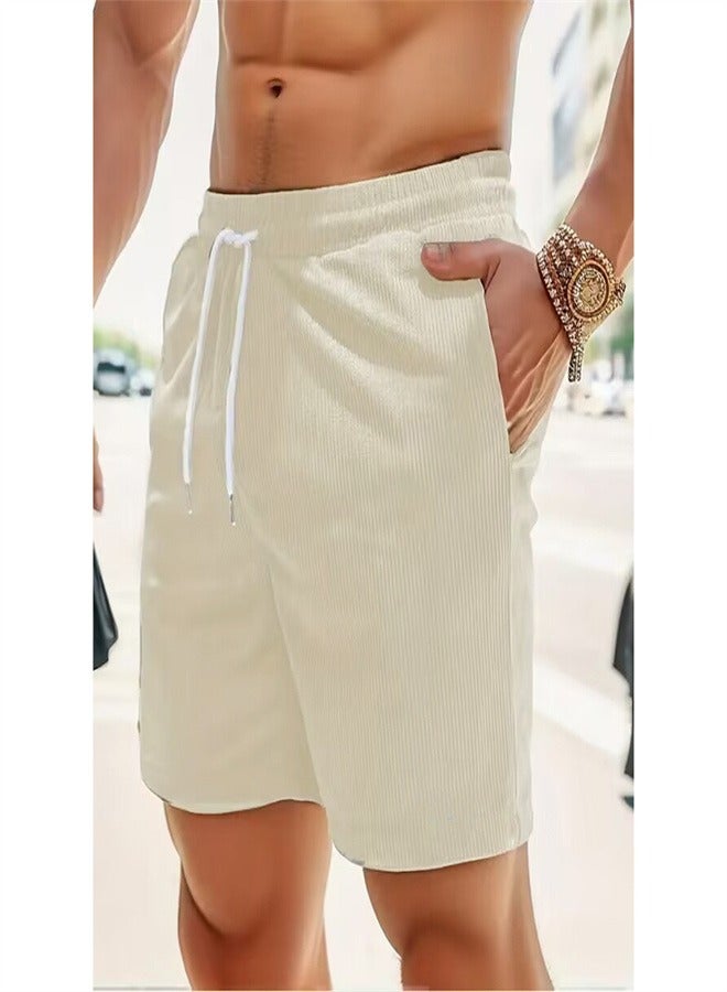 Solid Color Lace Up Sports Corduroy Minimalist Five Point Shorts Off white,