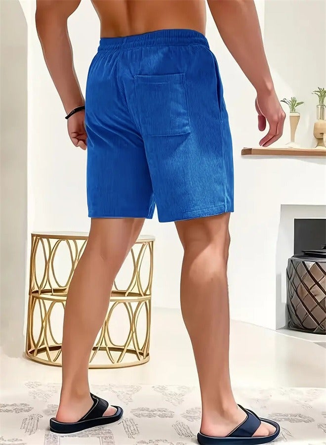 Solid Color Lace Up Sports Corduroy Minimalist Five Point Shorts Blue