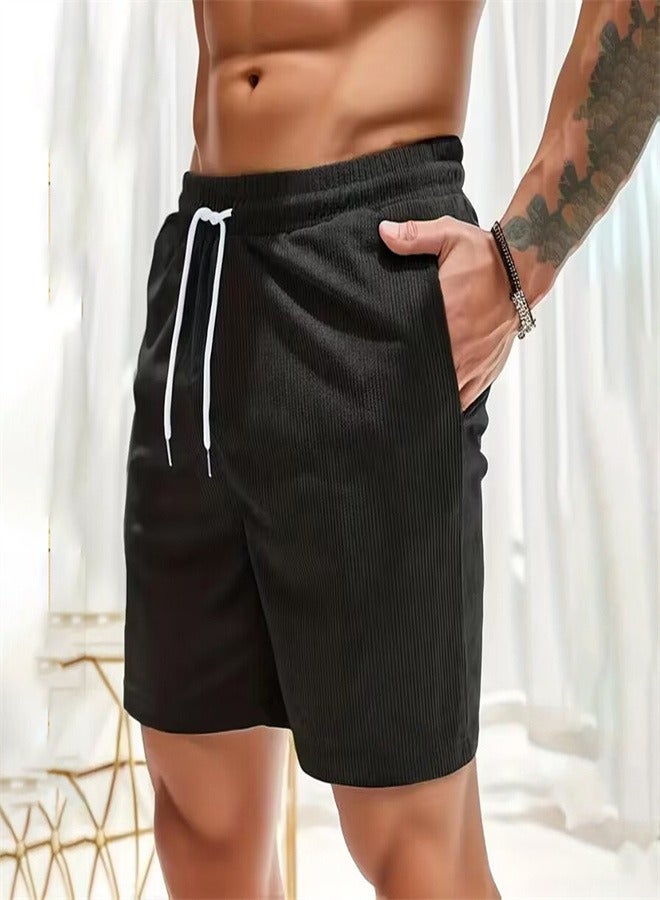 Solid Color Lace Up Sports Corduroy Minimalist Five Point Shorts black