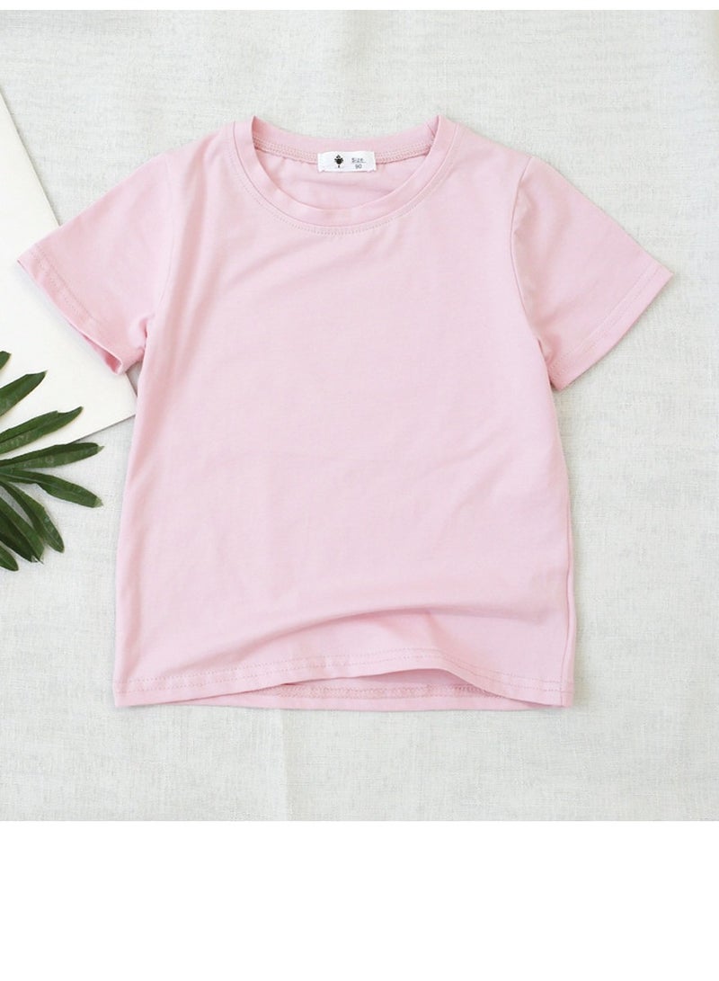 Kid's Solid Color Short Sleeve Crew Neck T-Shirt Cotton Basic Base Tees Light Pink
