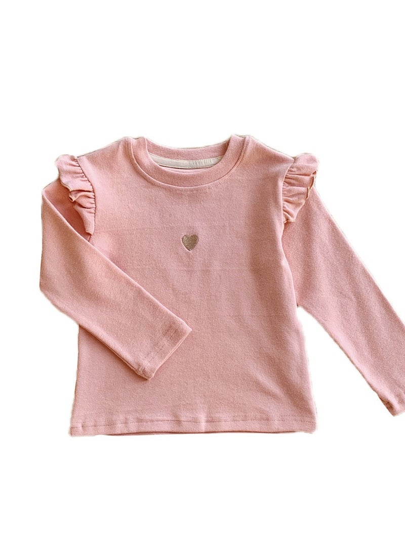 Girl's Crew Neck Ruffled Long Sleeve Tees Cotton Basic Base Shirt Pink
