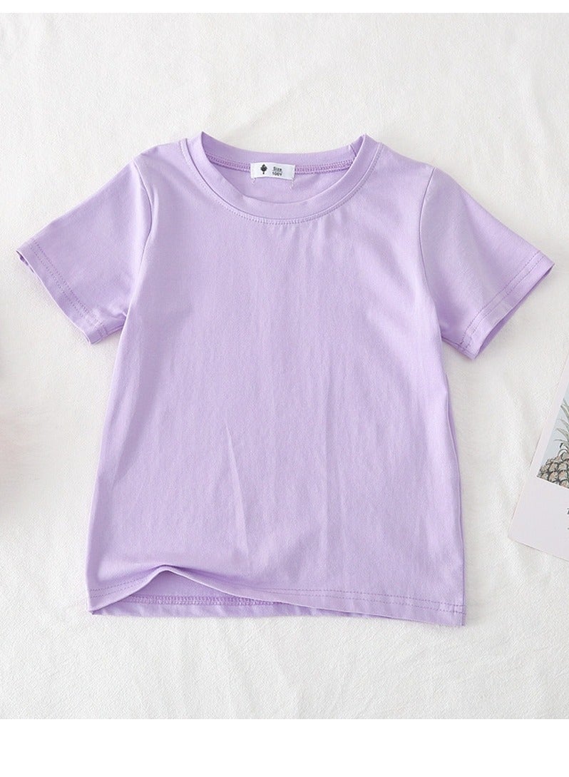 Kid's Solid Color Short Sleeve Crew Neck T-Shirt Cotton Basic Base Tees Light Purple