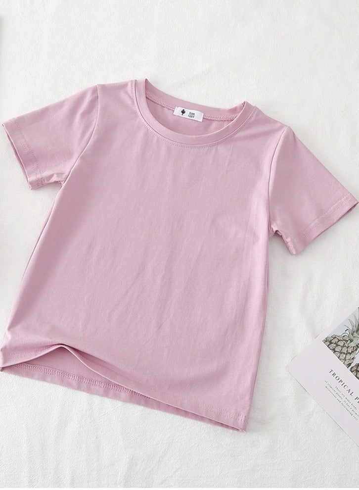 Kid's Solid Color Short Sleeve Crew Neck T-Shirt Cotton Basic Base Tees Purplish Pink