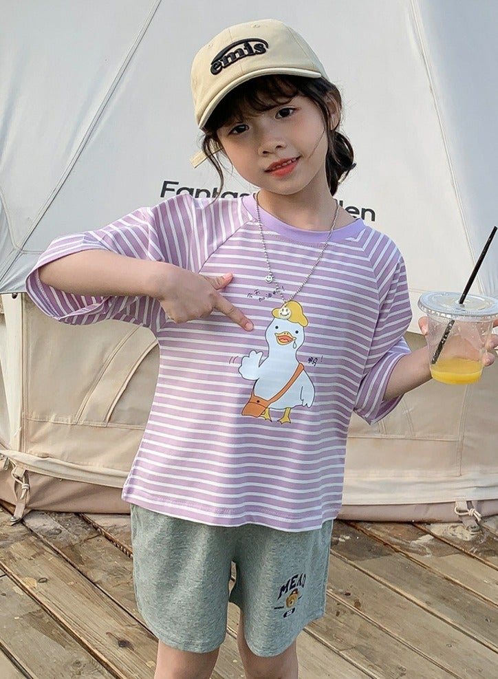 Girl's Printed Half Sleeve Crew Neck T-Shirt Loose Cotton Tees Purple/White Stripes