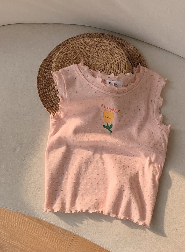 Kid's Printed Sleeveless Round Neck T-Shirt Pleated Tees Pink