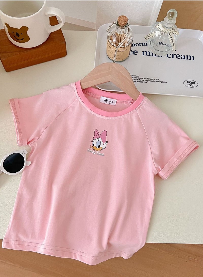 Kid's Printed Short Sleeve Crew Neck T-Shirt Cotton Base Tees Pink