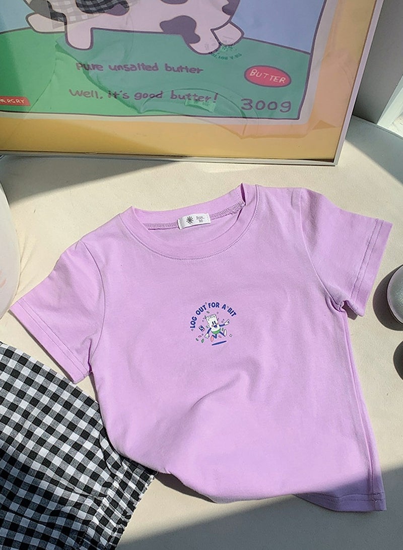 Kid's Printed Short Sleeve Crew Neck T-Shirt Cotton Basic Tees Light Purple