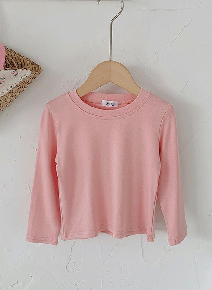 Kid's Solid Color Crew Neck Long Sleeve Tees Cotton Basic Base T-Shirt Pink