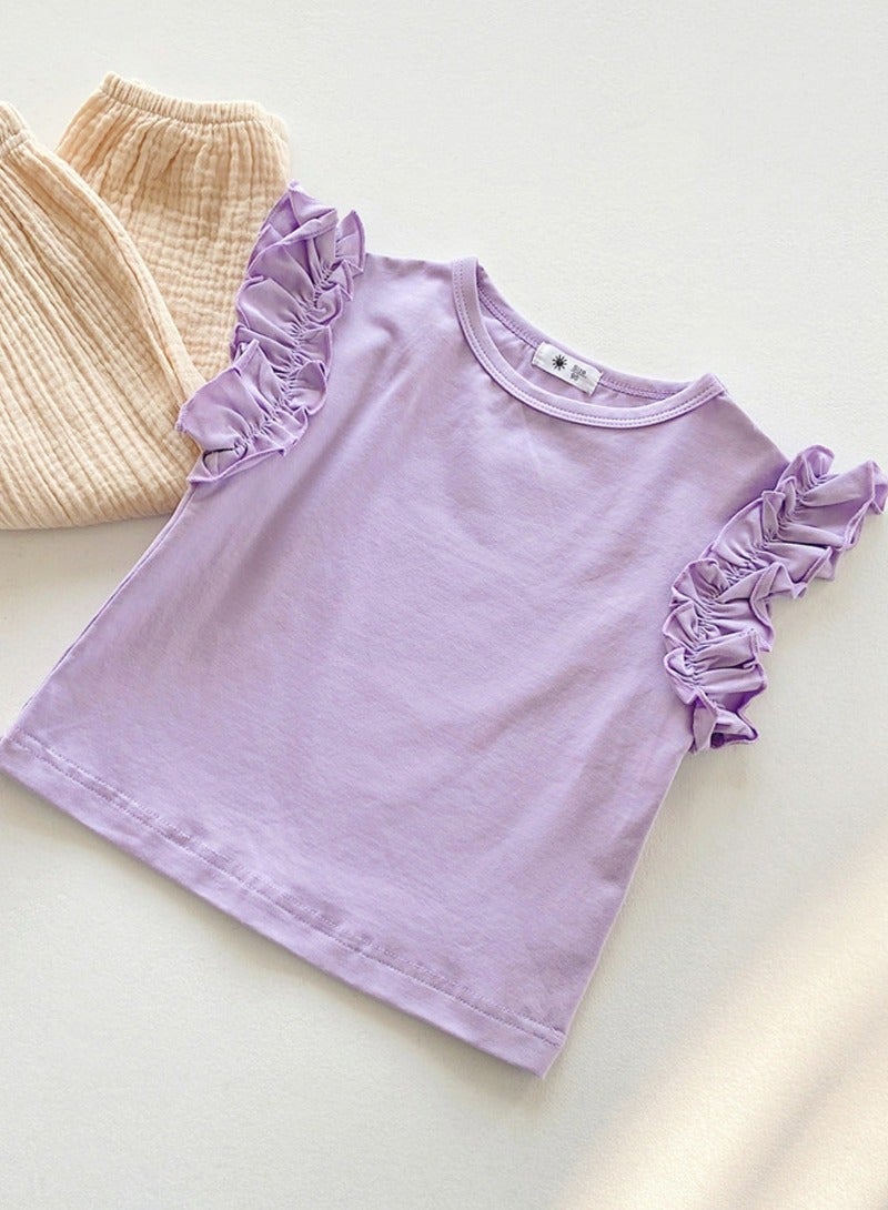Girl's Solid Color Crew Neck T-Shirt Pleated Sleeve Tees Purple