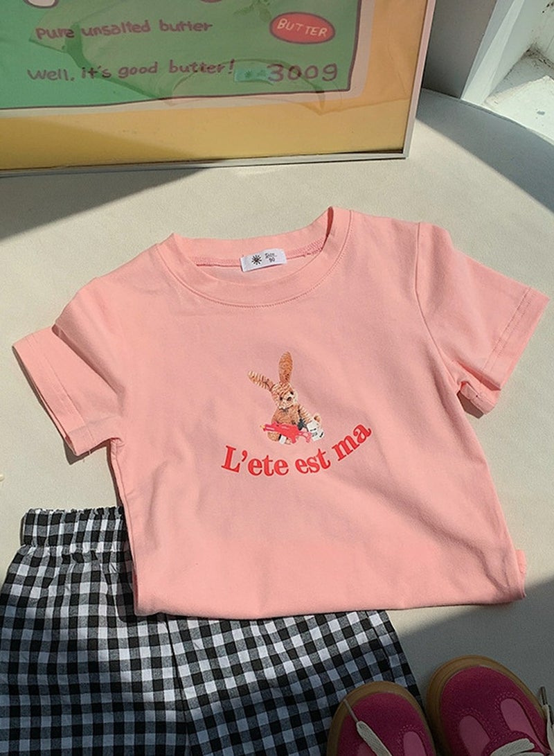Kid's Printed Short Sleeve Crew Neck T-Shirt Cotton Basic Tees Pink