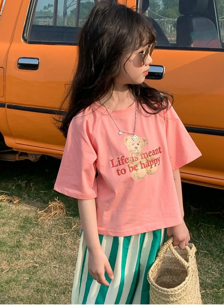 Girl's Printed Half Sleeve Crew Neck T-Shirt Loose Cotton Tees Pinkish-Orange