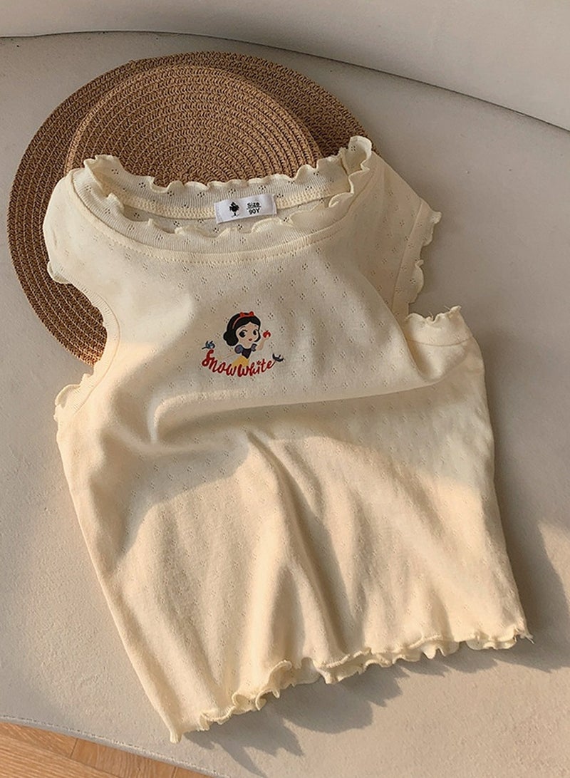 Kid's Printed Sleeveless Round Neck T-Shirt Pleated Tees Beige