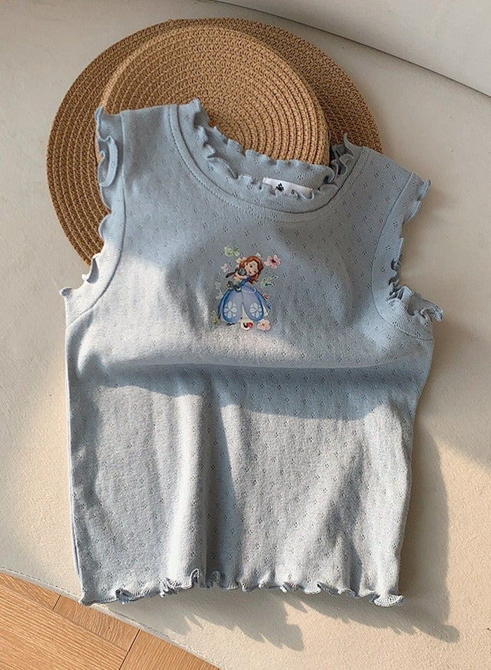 Kid's Printed Sleeveless Round Neck T-Shirt Pleated Tees Blue