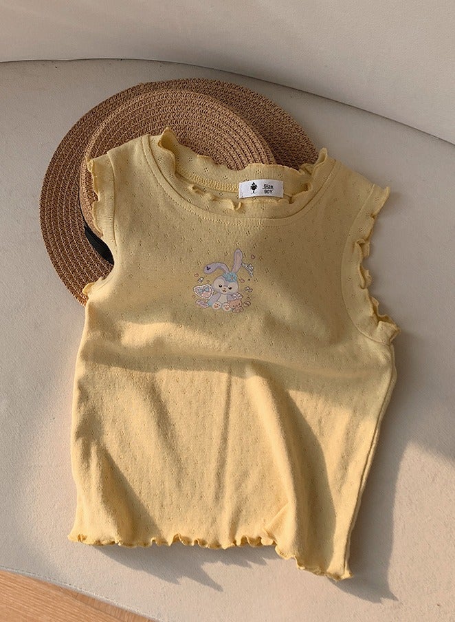 Kid's Printed Sleeveless Round Neck T-Shirt Pleated Tees Yellow