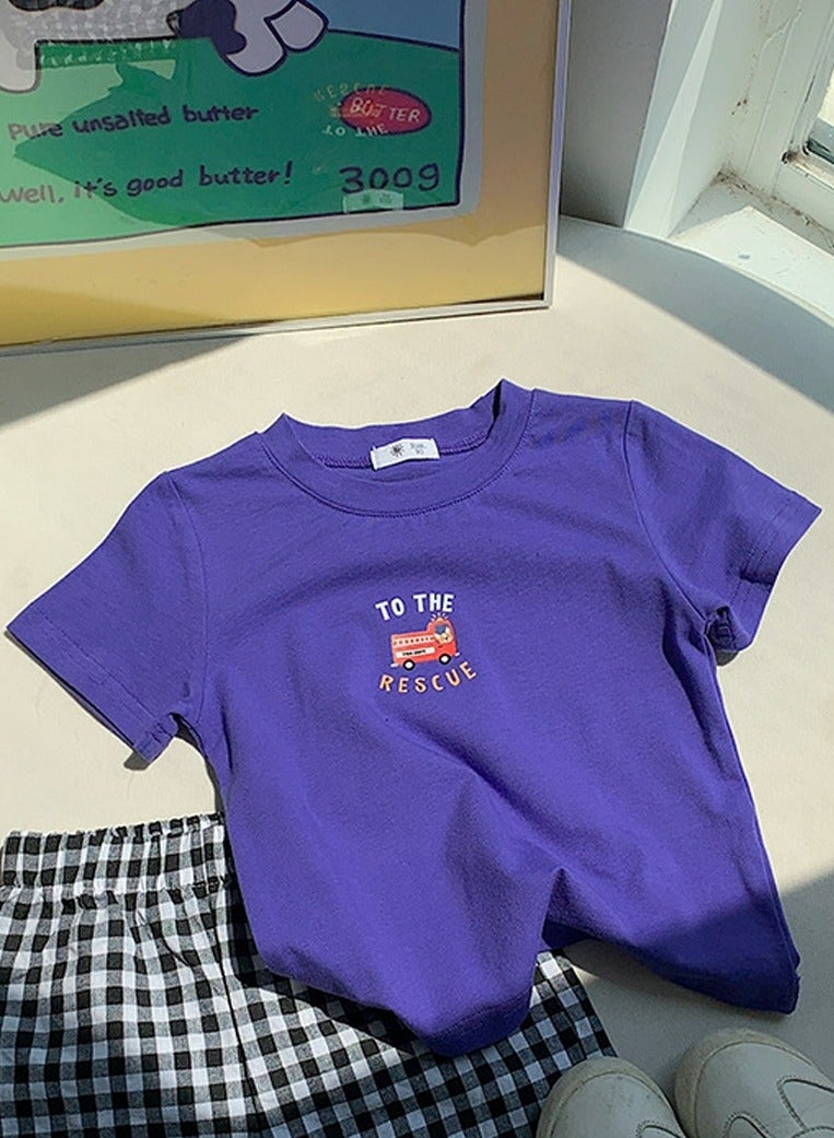 Kid's Printed Short Sleeve Crew Neck T-Shirt Cotton Basic Tees Dark Purple