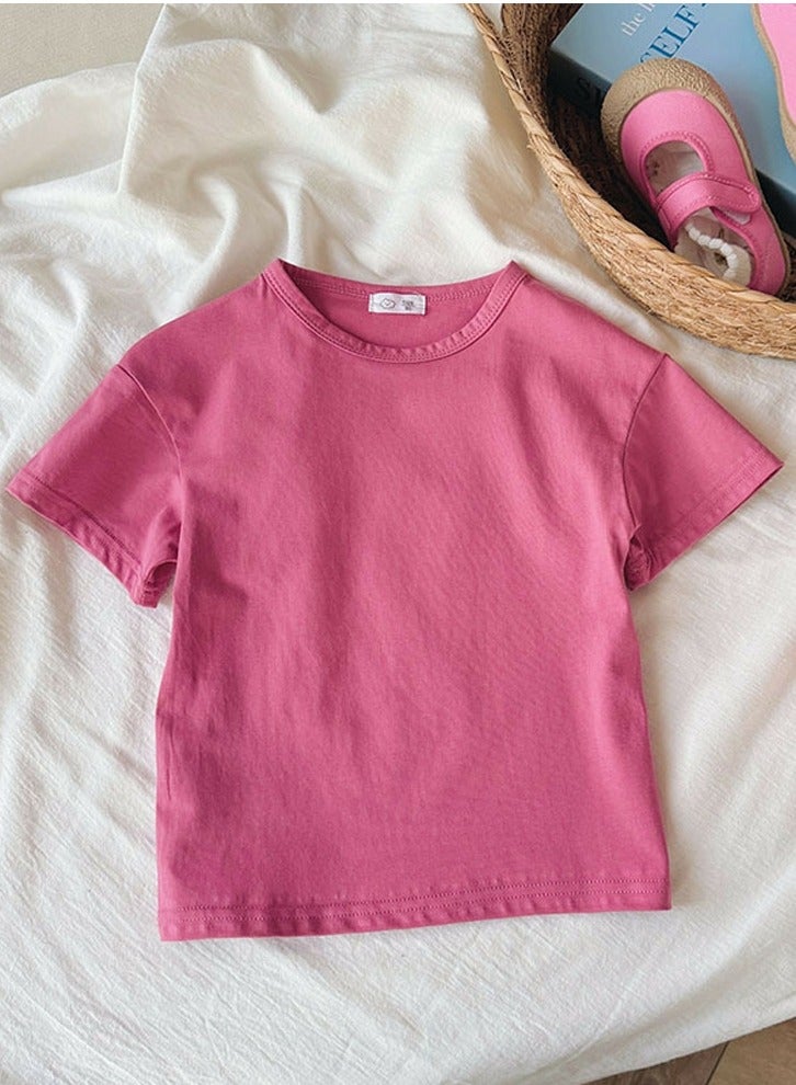 Kid's Solid Color Crew Neck T-Shirt Short Sleeve Tees Rose Pink