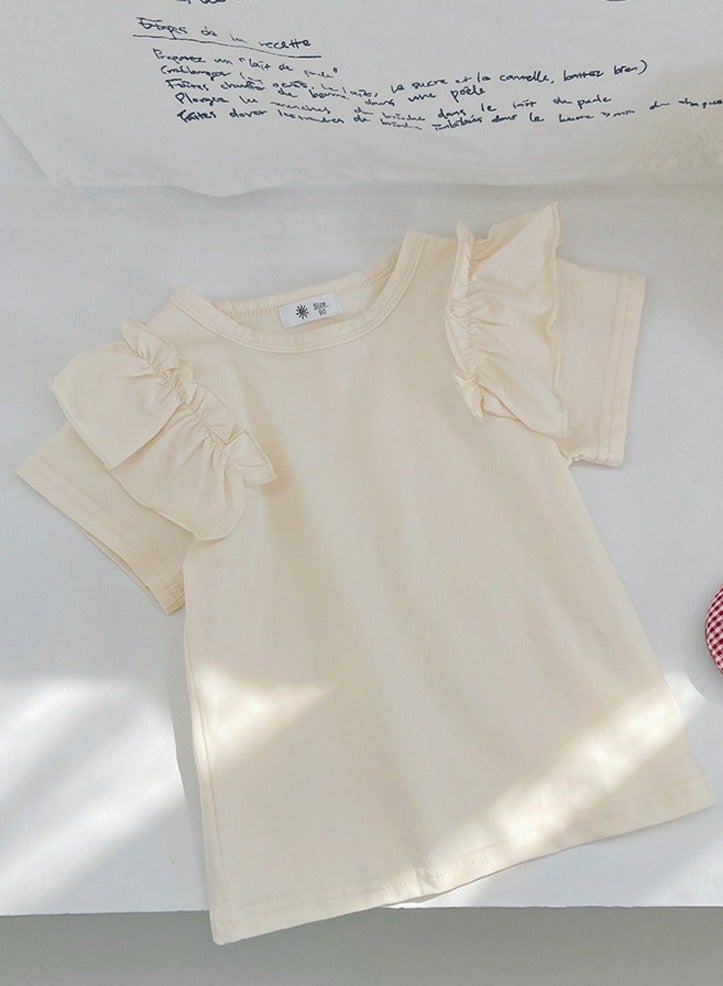 Girl's Solid Color Short Sleeve Crew Neck T-Shirt Cotton Ruffle Sleeve Tees Apricot