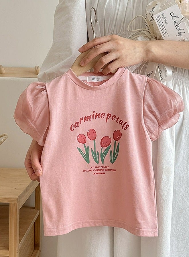 Girl's Lantern Short Sleeve Crew Neck T-Shirt Printed Cotton Puff Sleeve Tees Pink