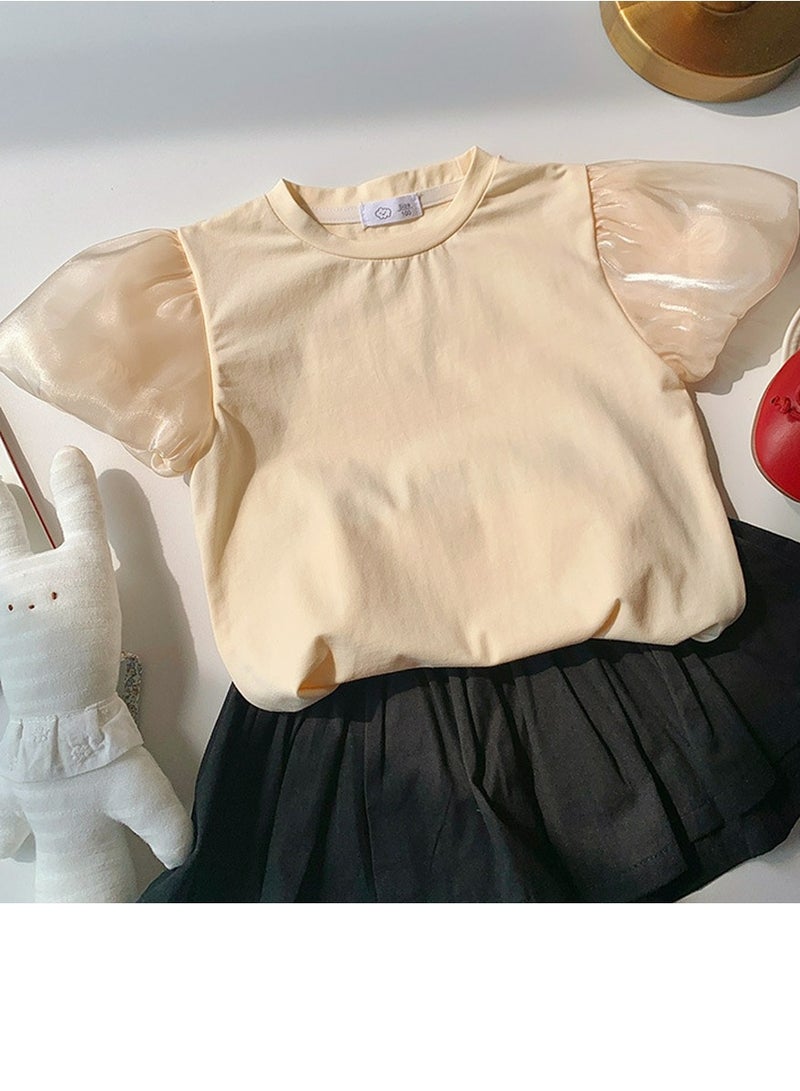 Girl's Lantern Short Sleeve Crew Neck T-Shirt Cotton Puff Sleeve Tees Apricot