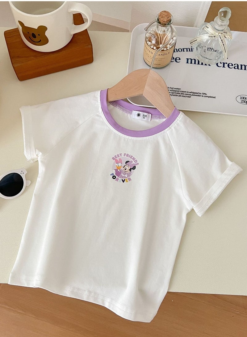 Kid's Printed Short Sleeve Crew Neck T-Shirt Cotton Base Tees Dark Purple/White
