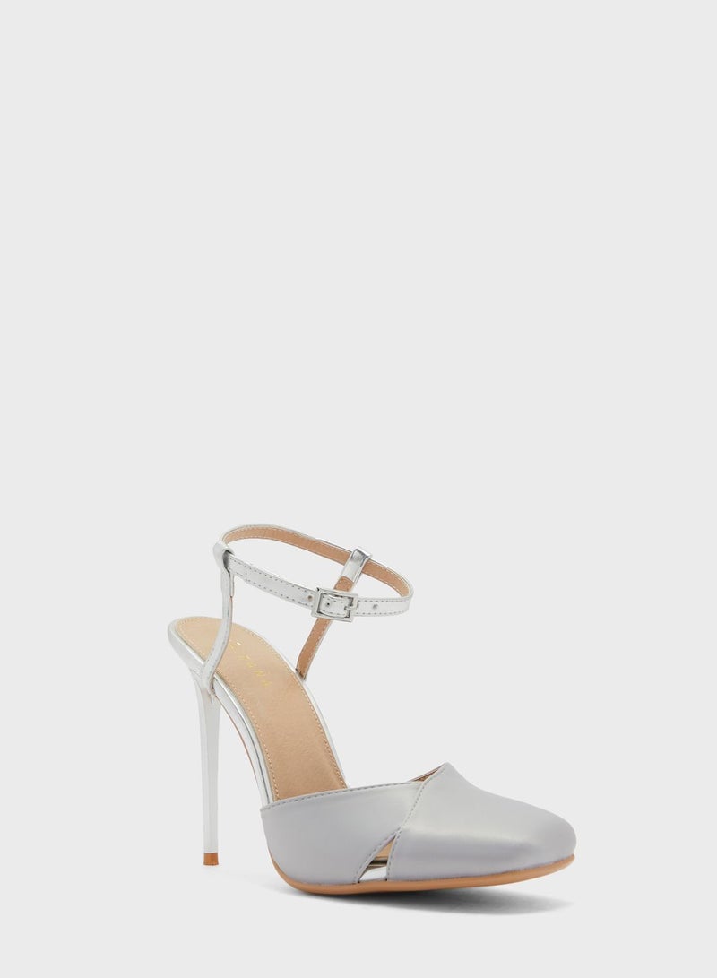 Satin Woven Ankle Strap Pump