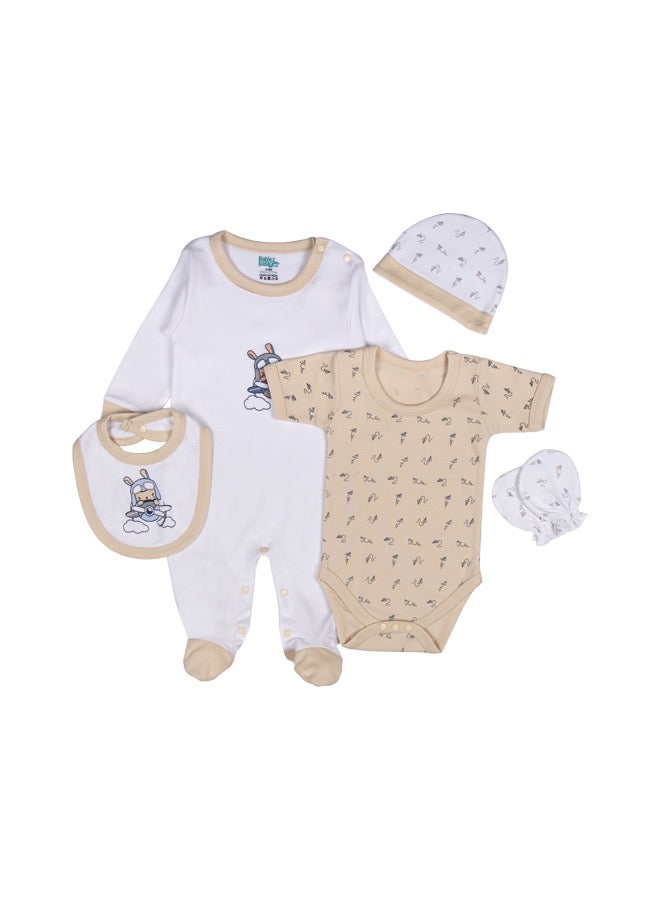 Babiesbasic 5 piece unisex 100% cotton Gift Set include Bib, Romper, Mittens, cap and Sleepsuit/Jumpsuit