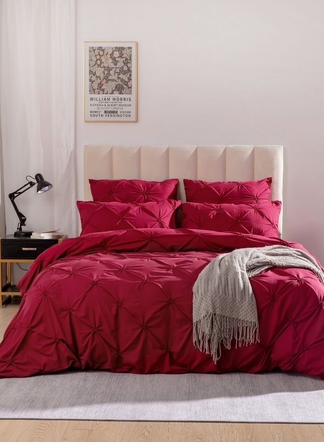 Premium 6 Piece King Size Duvet Cover Pinch Rose Design, Solid Berry Red.