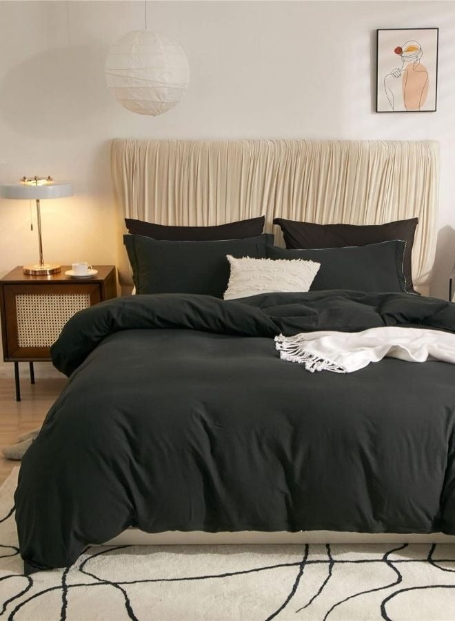 Single Size 4 Pieces Bedding Set, Washable Cotton Black Color