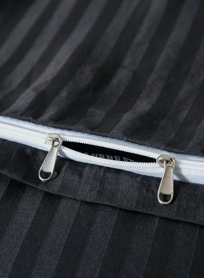 Premium Single size 4-piece bed linen, satin striped, black color.