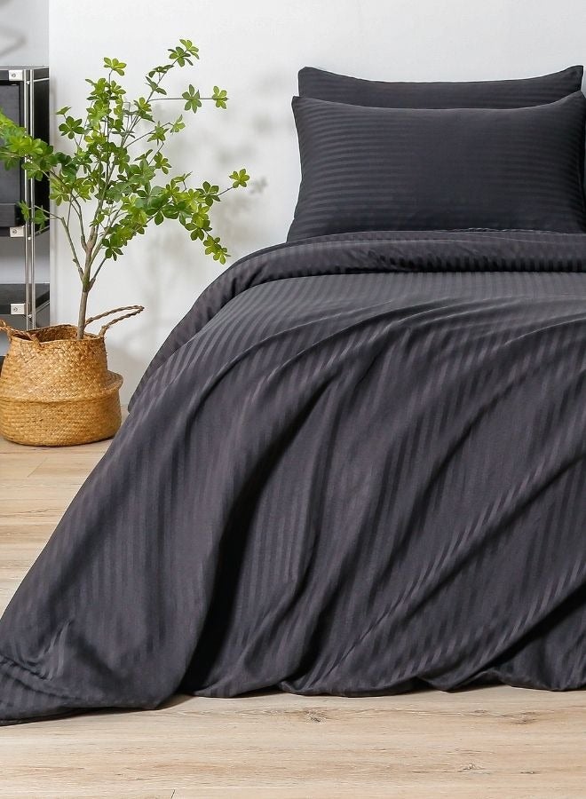 Premium Single size 4-piece bed linen, satin striped, black color.