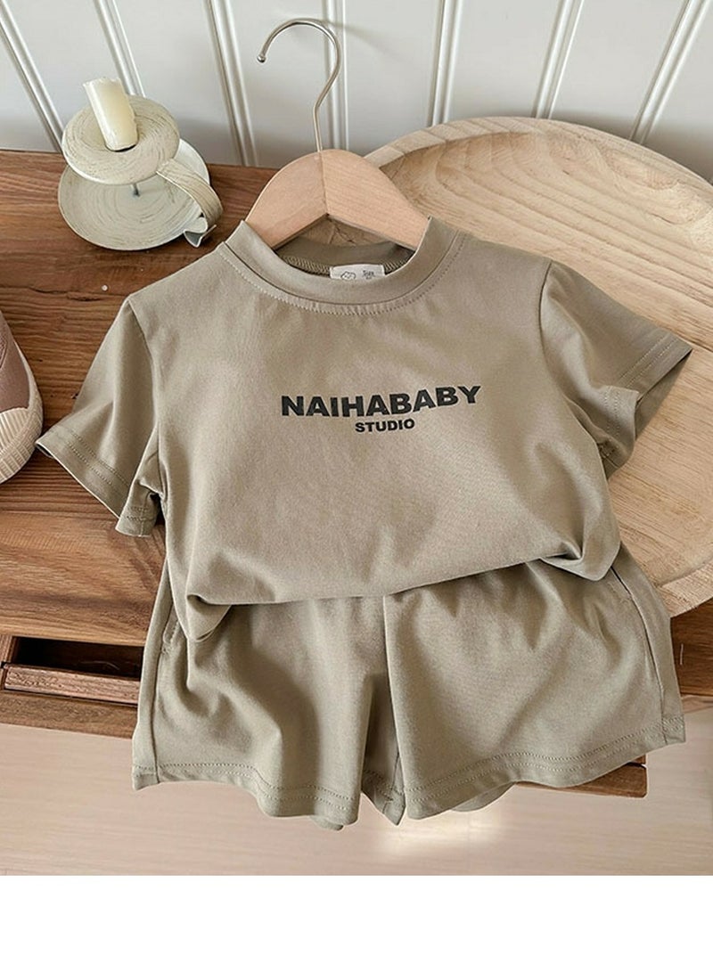 Kids Shorts Set Short Sleeve Letter Pattern T-shirt And Shorts With Two Pockets Summer Casual Set Army Green