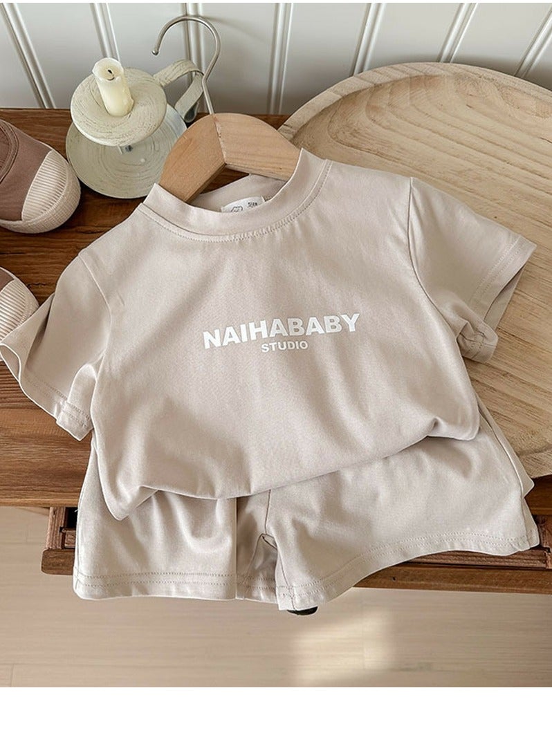 Kids Shorts Set Short Sleeve Letter Pattern T-shirt And Shorts With Two Pockets Summer Casual Set Beige
