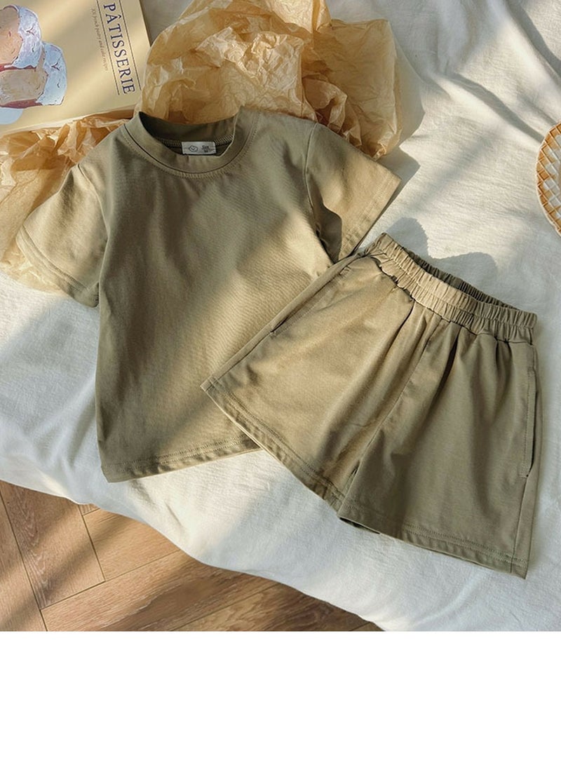 Kids Solid Color Set Short Sleeve T-shirt And Loose Shorts With Two Pockets Summer Casual Set Army Green
