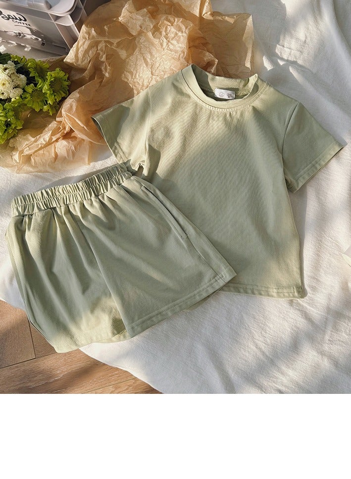 Kids Solid Color Set Short Sleeve T-shirt And Loose Shorts With Two Pockets Summer Casual Set Light Green