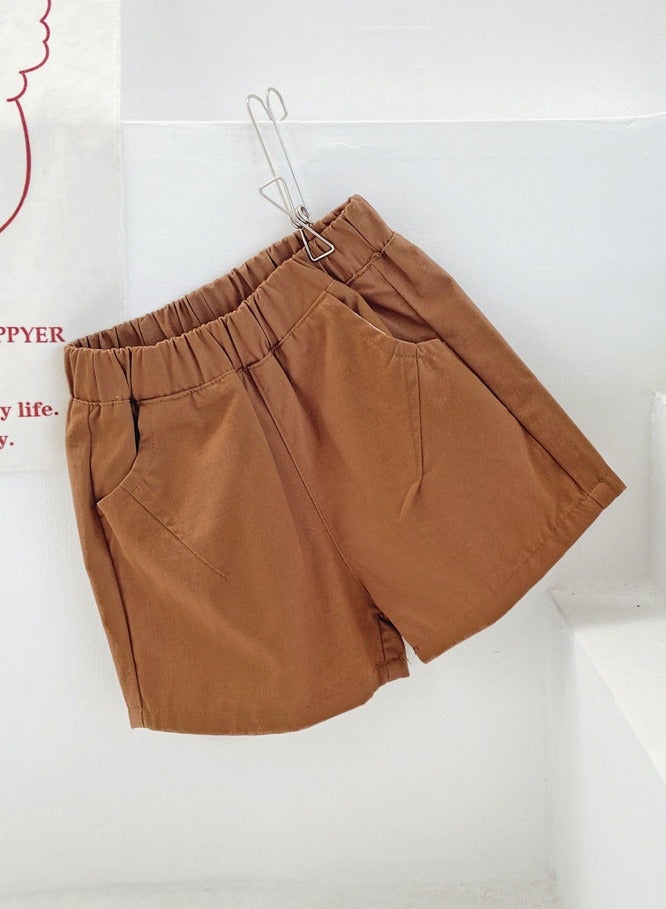 Kids Solid Color Elastic Waist Shorts With Pockets Summer Casual Wear Brown