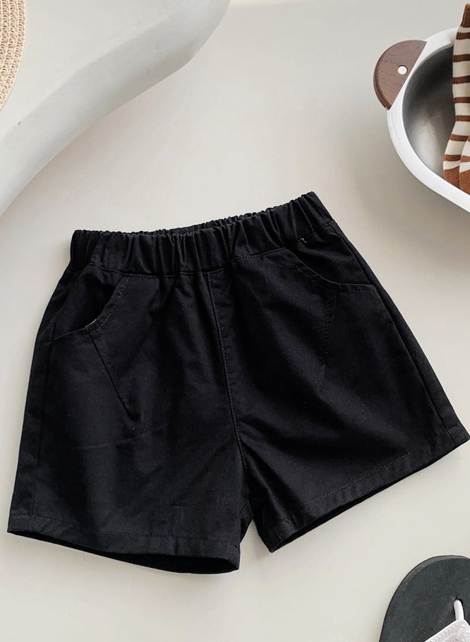 Kids Solid Color Elastic Waist Shorts With Pockets Summer Casual Wear Black