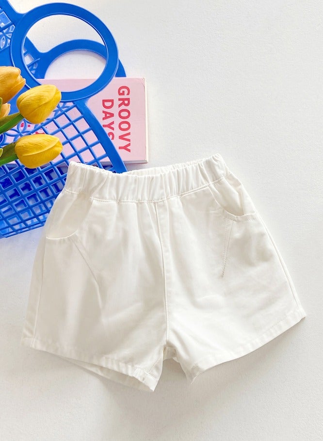 Kids Solid Color Elastic Waist Shorts With Pockets Summer Casual Wear White
