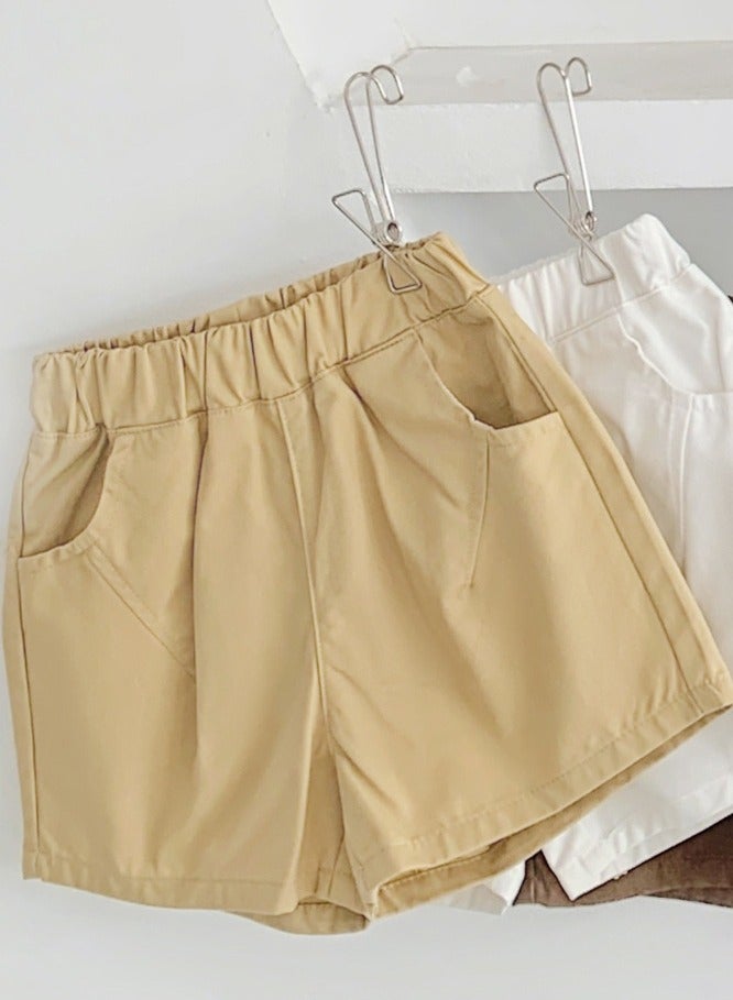 Kids Solid Color Elastic Waist Shorts With Pockets Summer Casual Wear Khaki