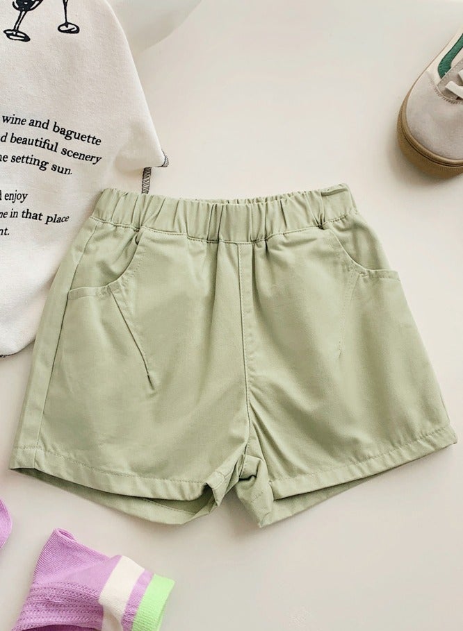 Kids Solid Color Elastic Waist Shorts With Pockets Summer Casual Wear Light Green