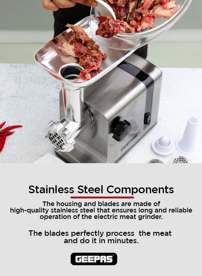 Meat Grinder Electric Aluminum Gearbox - 3 Metal Stainless Steel Cutting Plates Accessories Metal Gears Stainless Steel Blade GMG42506 Silver/Black