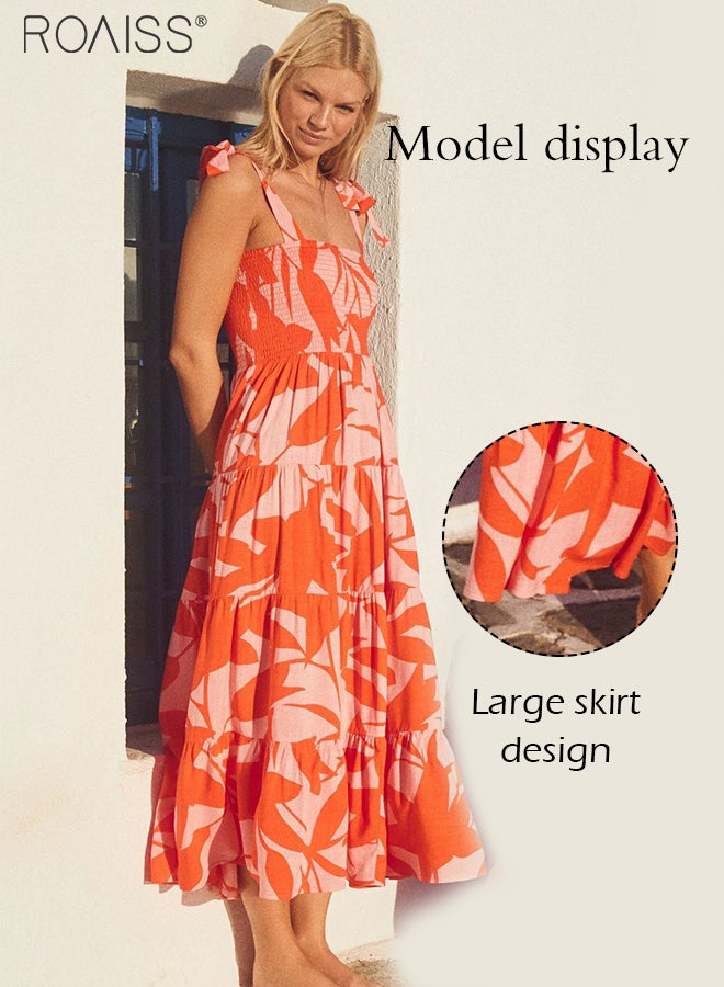 Fashion Printed Suspender Square Neck Midi Sleeveles Dress for Women's Daily Commuting and Vacation Adjustable Shoulder Strap Large Skirt  High-Rise Dress
