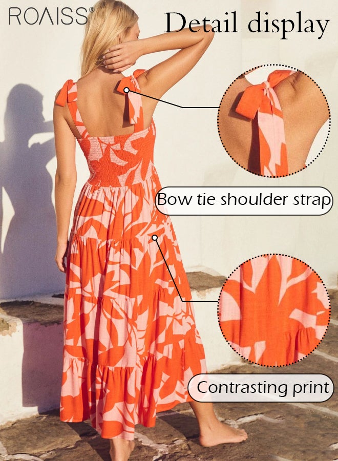 Fashion Printed Suspender Square Neck Midi Sleeveles Dress for Women's Daily Commuting and Vacation Adjustable Shoulder Strap Large Skirt  High-Rise Dress