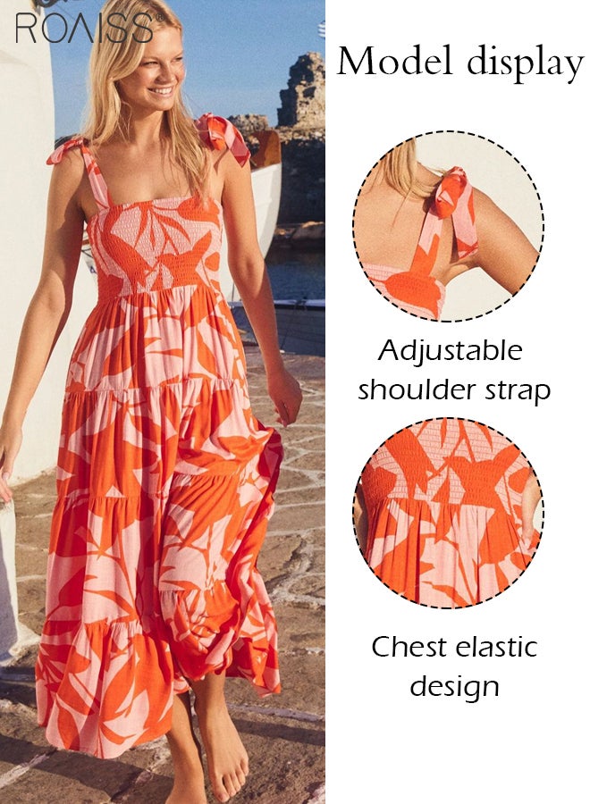 Fashion Printed Suspender Square Neck Midi Sleeveles Dress for Women's Daily Commuting and Vacation Adjustable Shoulder Strap Large Skirt  High-Rise Dress