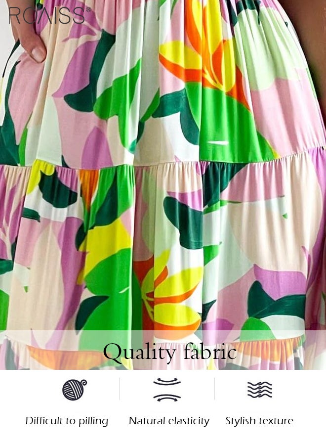 Fashion Printed One-Shoulder Dress For Daily Commuting And Vacation, Puff-Sleeved High-Waisted Large Skirt Dress