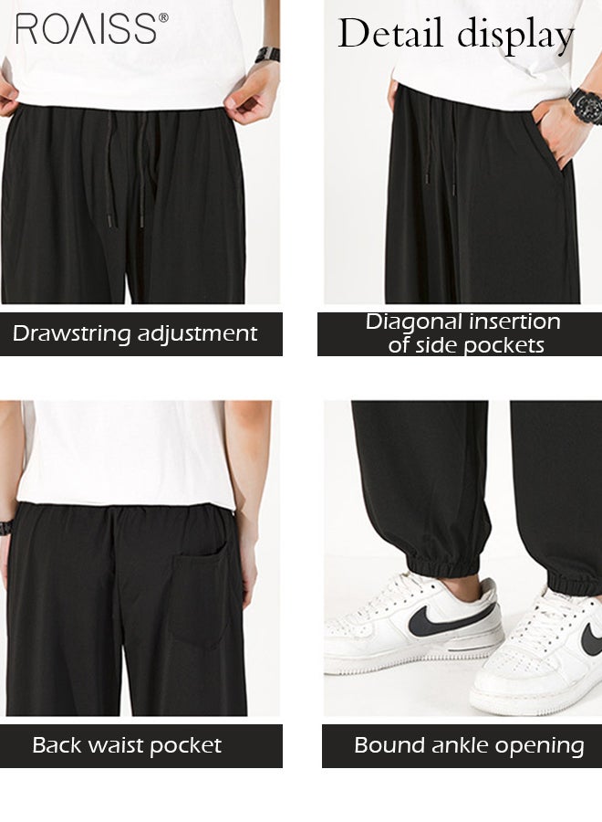 Fashionable Loose Ice Silk Casual Pants For Men'S Daily Commuting High Elastic Elastic Waist Drawstring Design Ankle Tightening Sports Pants
