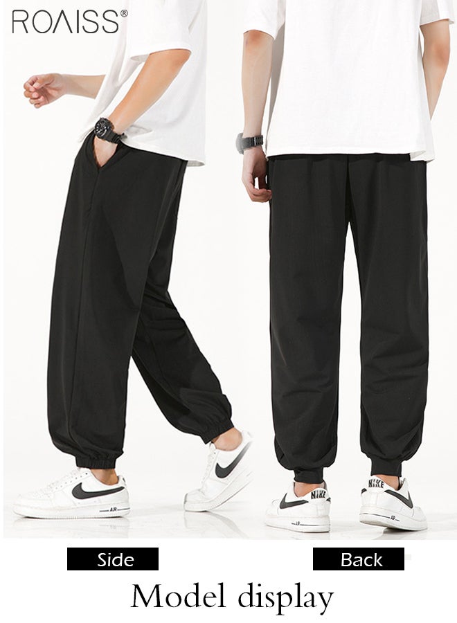Fashionable Loose Ice Silk Casual Pants For Men'S Daily Commuting High Elastic Elastic Waist Drawstring Design Ankle Tightening Sports Pants