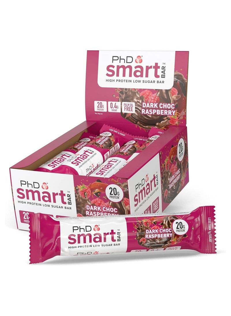 Smart High Protein Low Sugar Bars - Dark Choc Raspberry Flavour - 20g 1.1g Sugar Palm Oil Free - 64g per bar - 12pack