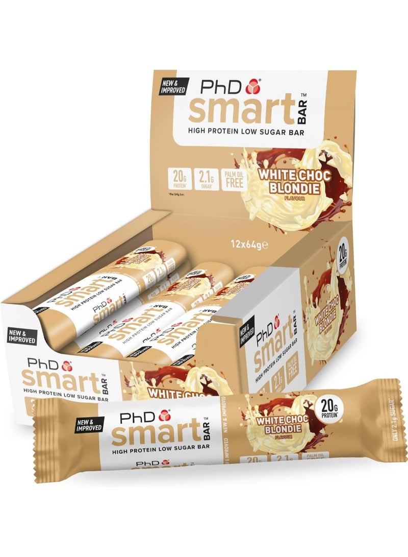 Smart High Bar - High Protein Low Sugar Bar, 20g protein, 2.3g sugar, Palm oil free - White Chocolate Blondie Flavour, 64g, 12 Pack