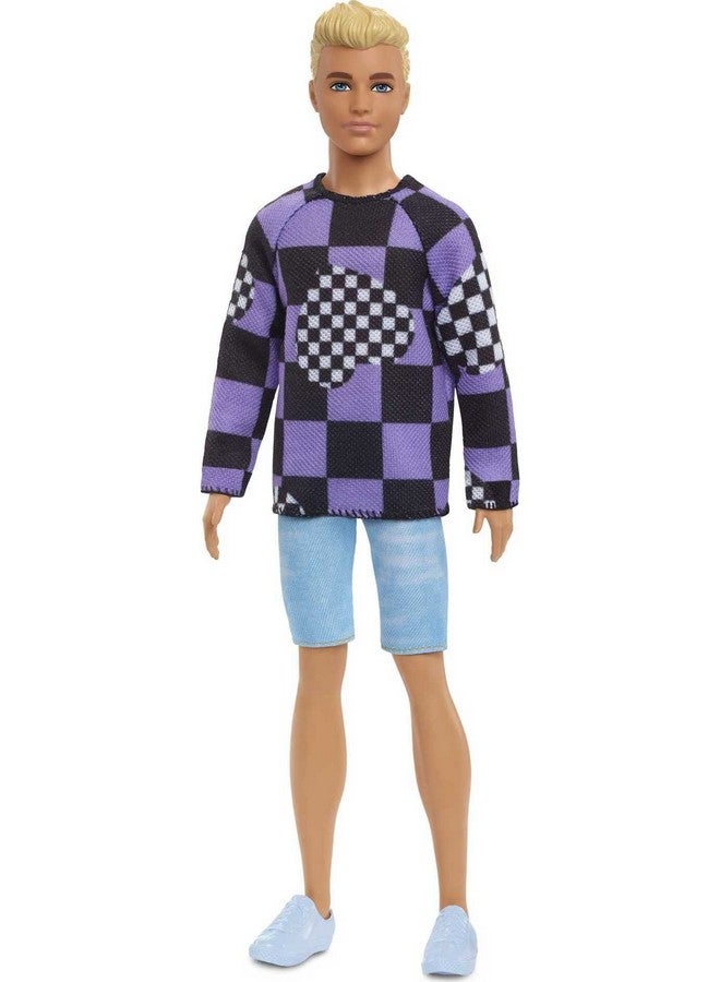 Ken Fashionistas Doll 191 Blonde Cropped Hair Checkered Sweater Denim Shorts White Sneakers Toy For Kids 3 To 8 Years Old